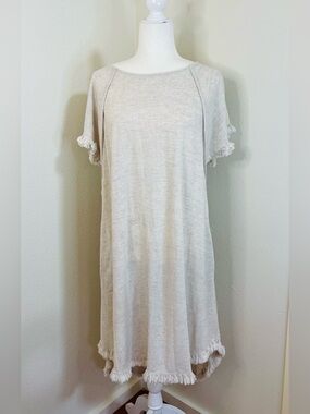 Umgee Linen Blend Short Sleeve Hi-Lo Fringe Dress in Otameal Color Size Large